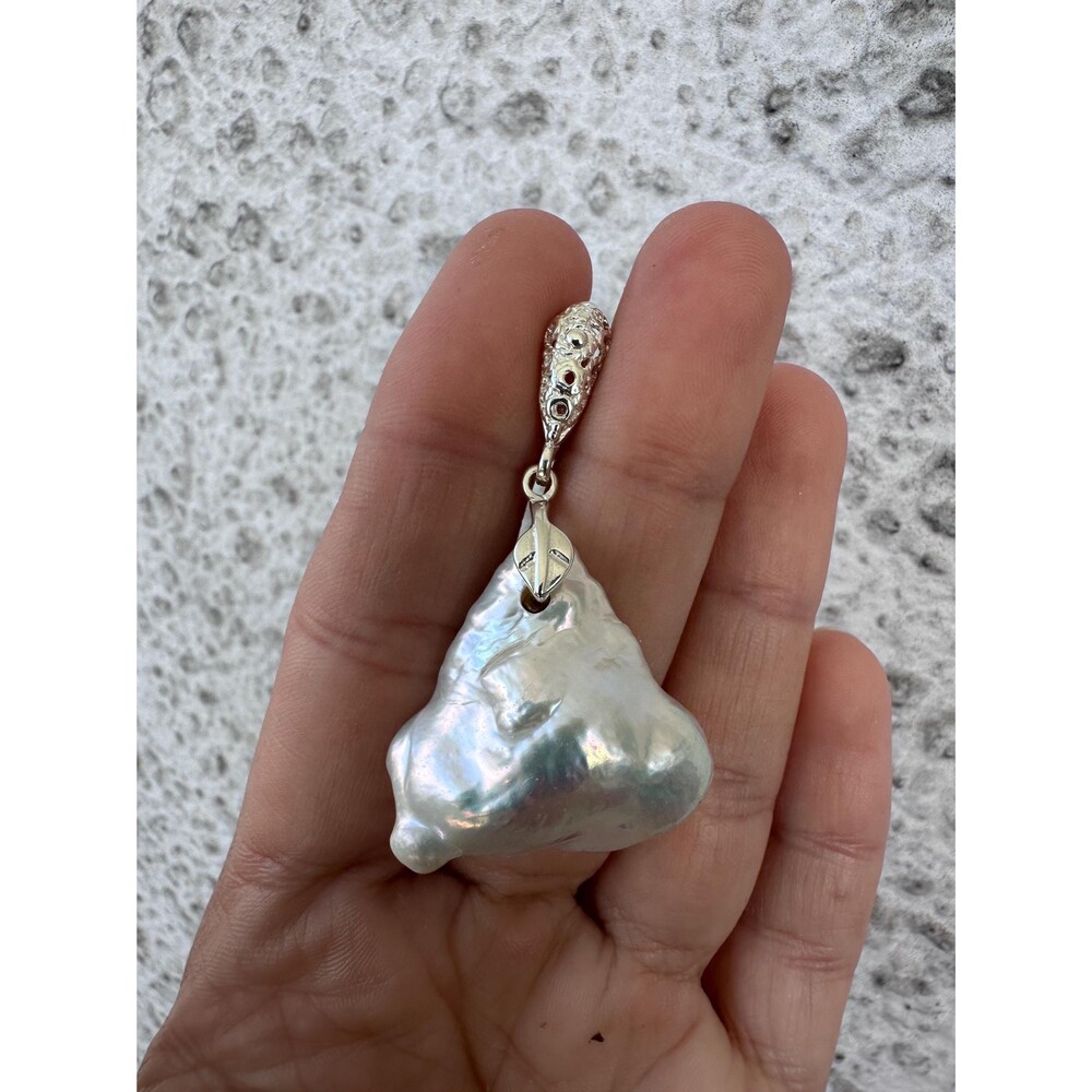 White Huge Baroque Pearl Pendant Statement Sterling Silver Necklace - Picture 7 of 15